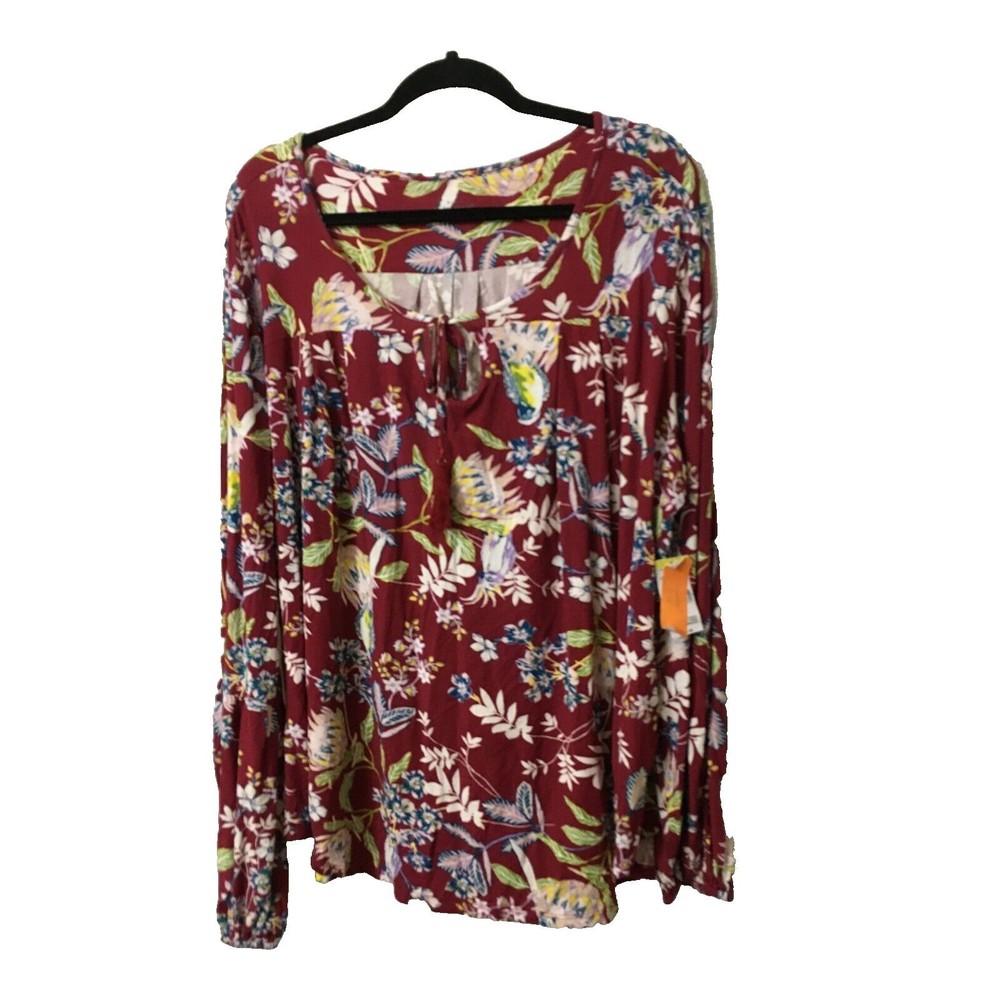 Simply Emma Women Top Plus Size 2X Stretch Knit Polyester Tunic Floral BurgundA8